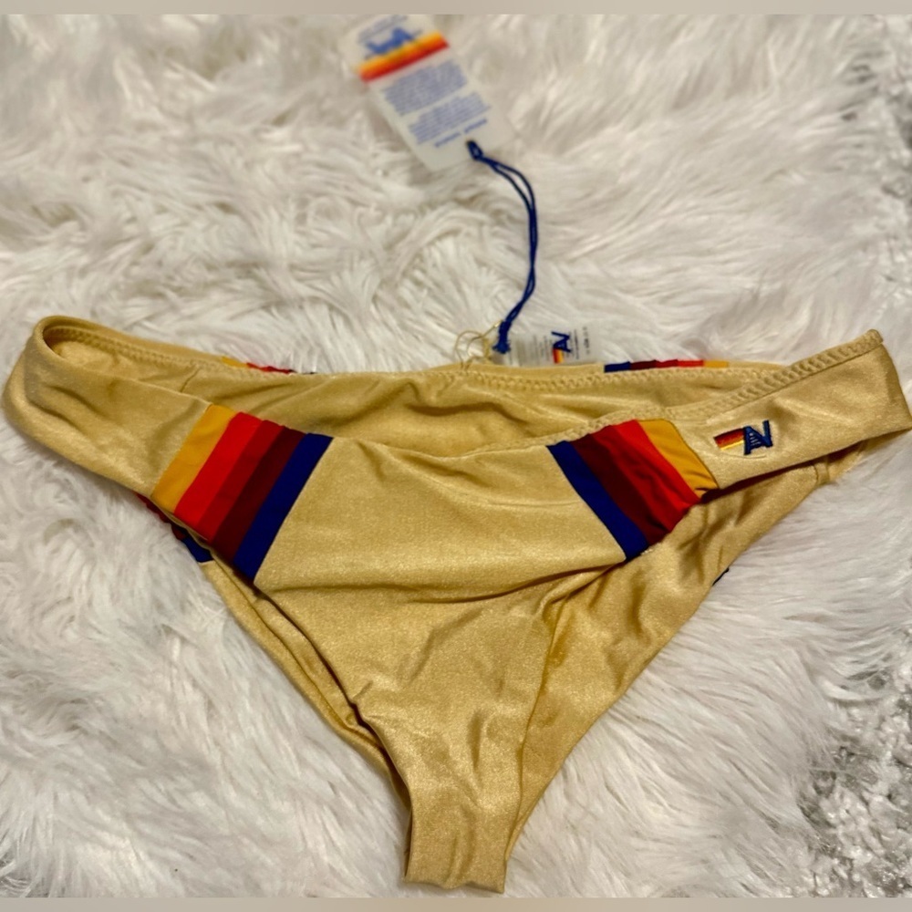 RARE Aviator Nation 5 Stripe Gold Bikini Bottoms NWT L